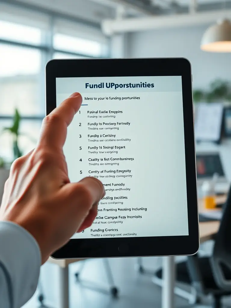 A hand pointing to a list of funding opportunities on a digital tablet, symbolizing NexoraConsult's expertise in identifying relevant grants and incentives.