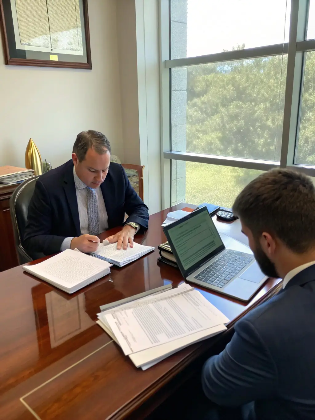 A consultant assisting a client with application paperwork, highlighting NexoraConsult's support in preparing and submitting funding applications.