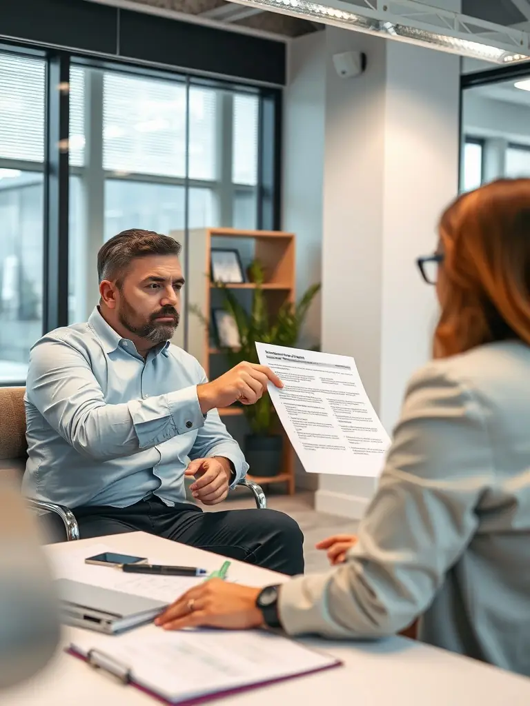 A professional consultant reviewing grant application documents with a client in a modern office setting, emphasizing collaboration and expertise.