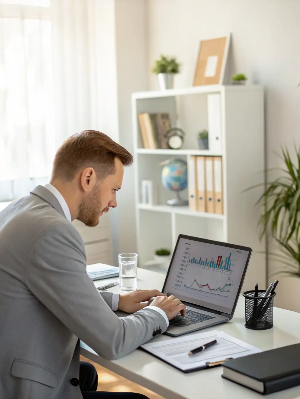 A consultant analyzing financial documents at a desk, representing the initial assessment phase for NexoraConsult's financial aid services.