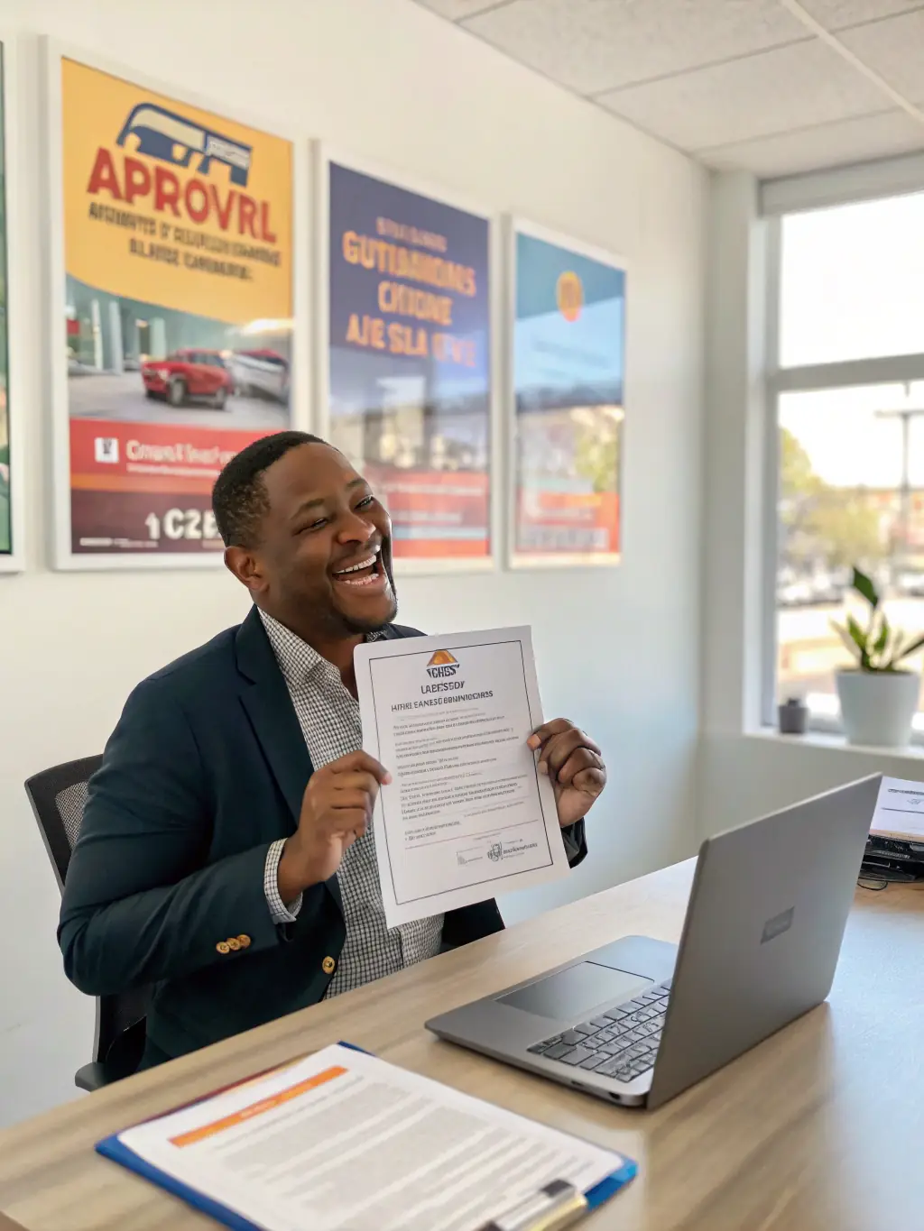 A successful business owner celebrating the approval of their funding application, showcasing the positive impact of financial support.