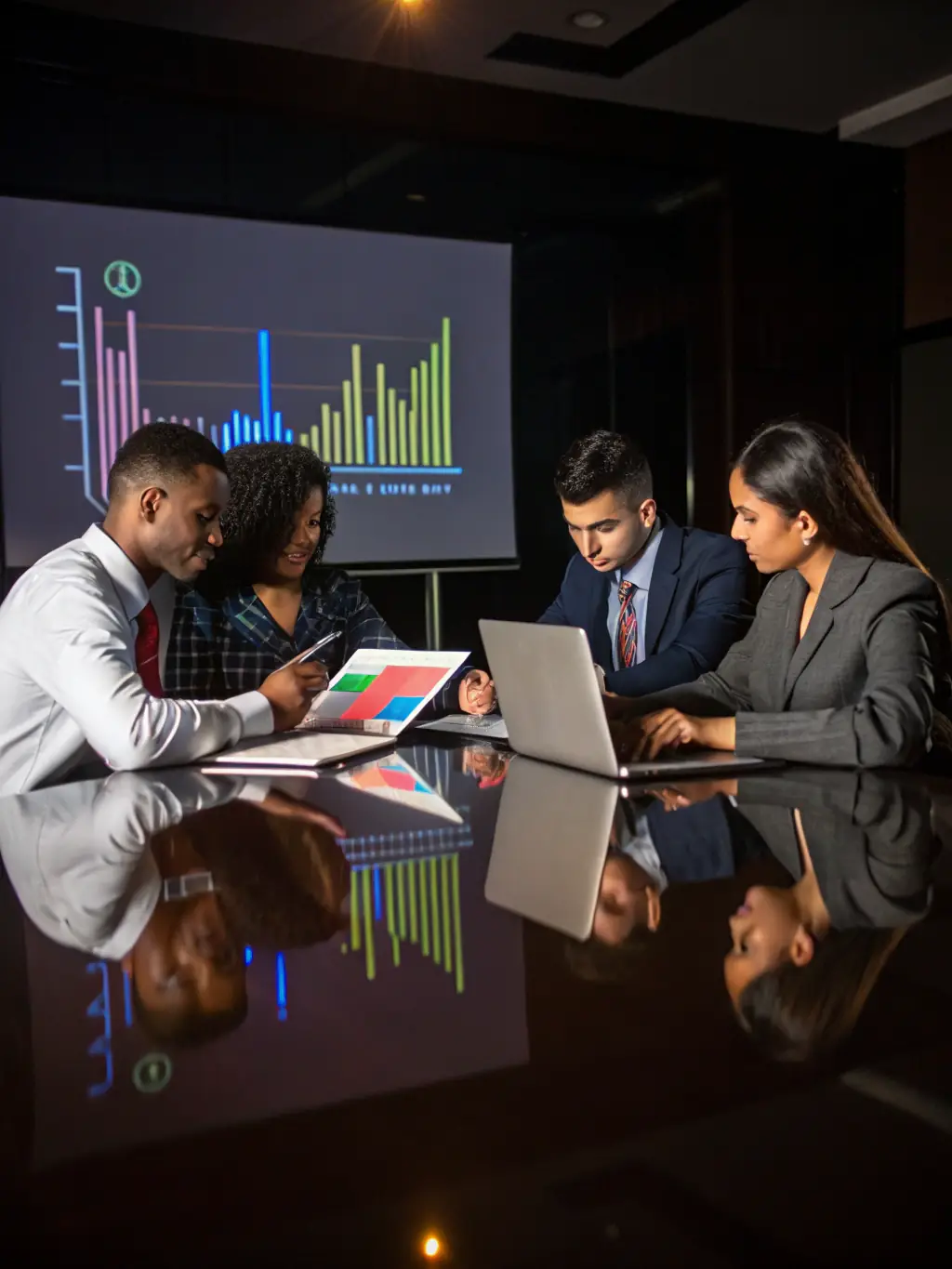 A diverse team of financial consultants brainstorming innovative funding solutions for a client's unique business challenges.
